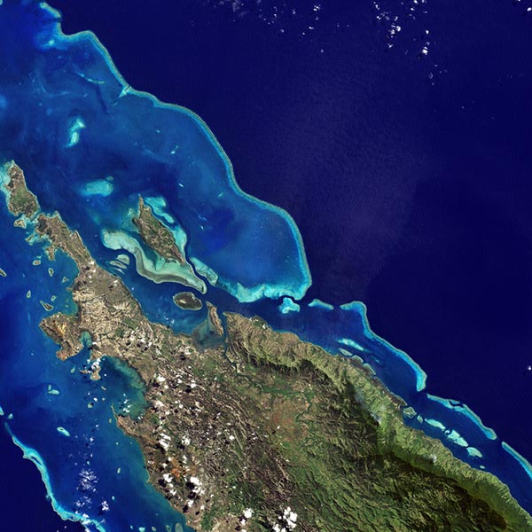 Color satellite image of coral reef near New Caledonia.