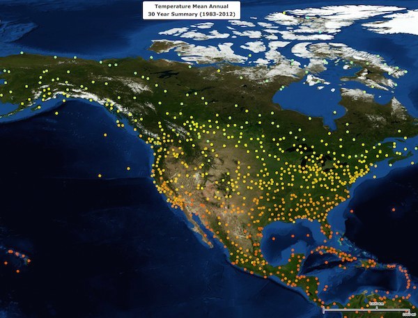 Screenshot of North America with climate data overlaid