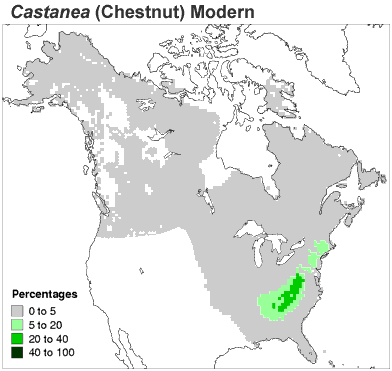 Map of North American distribution of chestnut in the present