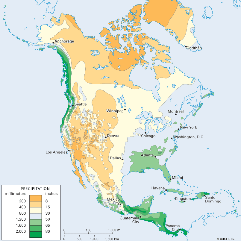 Map showing mean annual rainfall for North America