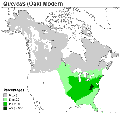 Map of present oak distribution in North America