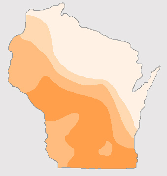 Oak tree distribution in the state of Wisconsin