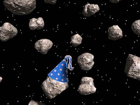 An asteroid wearing a party hat