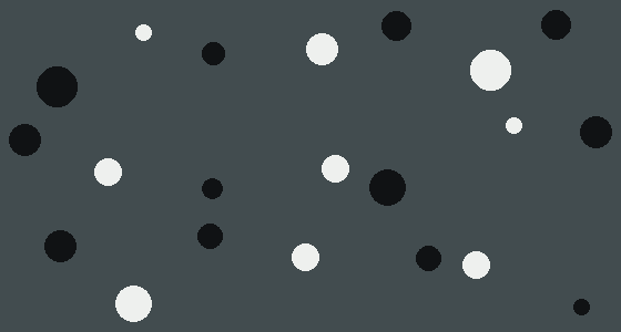 Animation: black and white disks of varying sizes colliding elastically on a dark field; each collision raises a bitstring above the particle, its length set by the information that collision carried